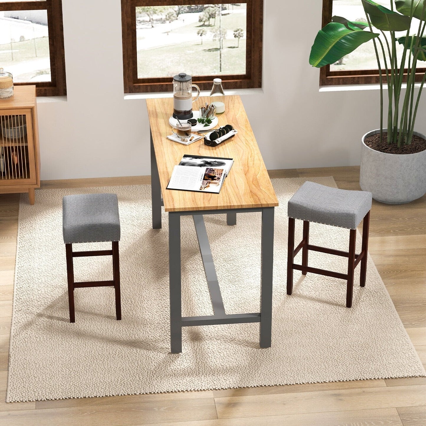 Set of 2, 24 Inch Bar Stool with Curved Seat Cushions-Beige (Customer Return)