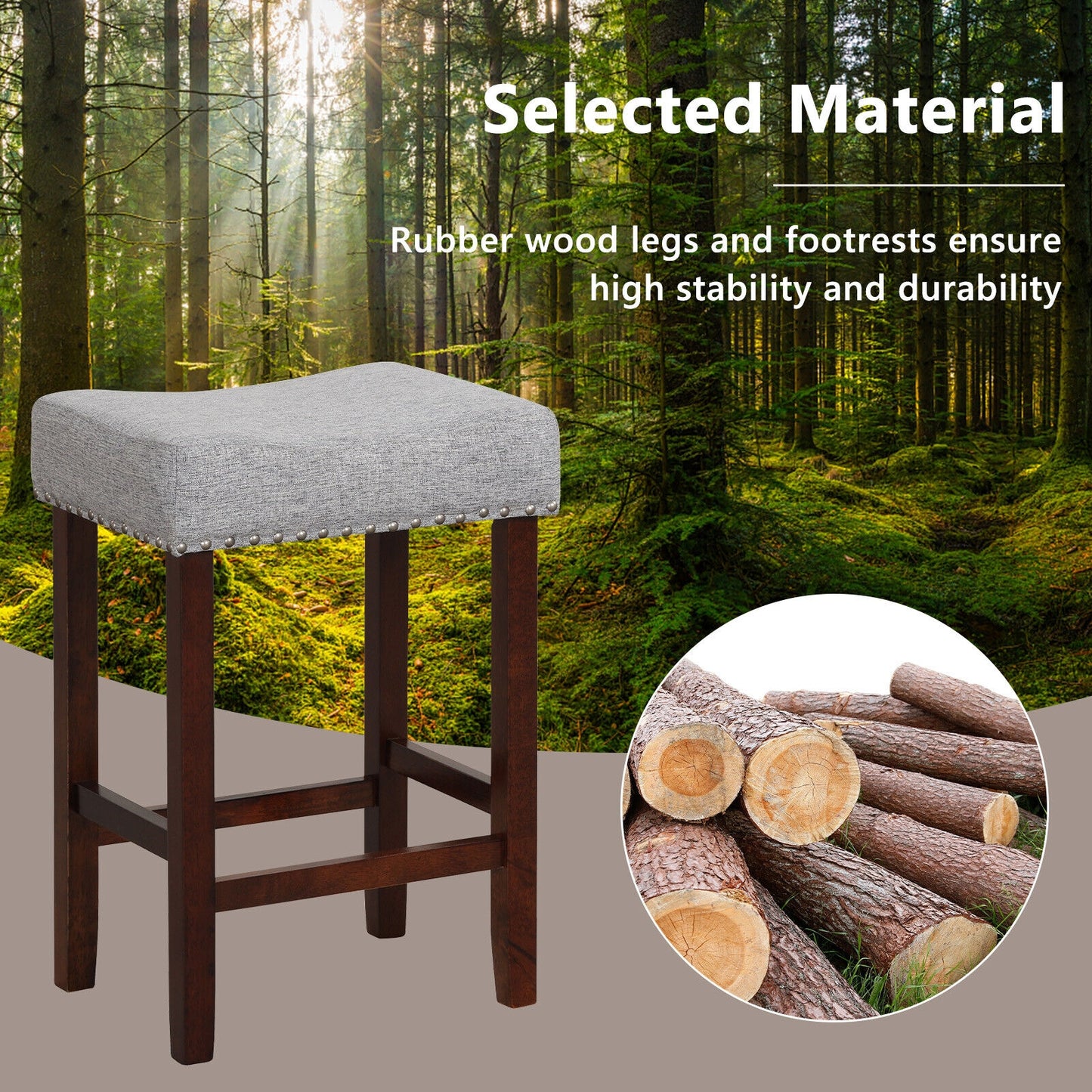 Set of 2 24 Inch Bar Stool with Curved Seat Cushions-Grey