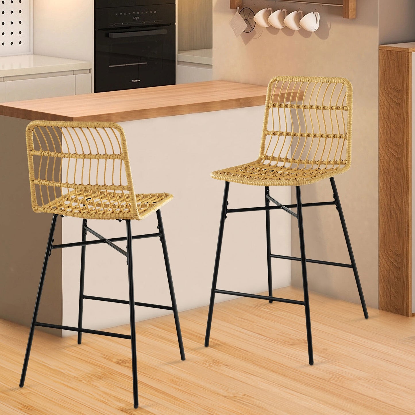 Set of 2,  Rattan Bar Stools with Sturdy Metal Frame- Natural Rattan