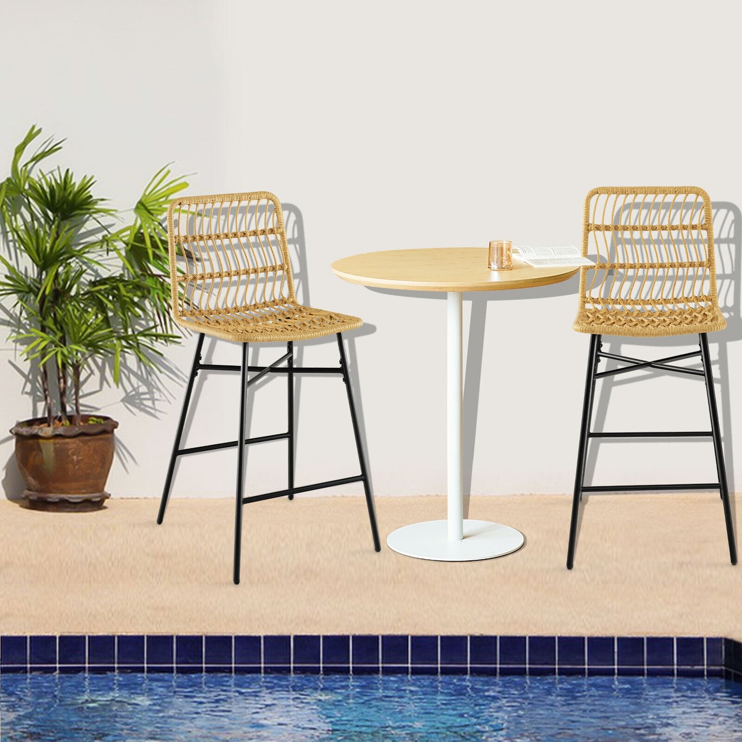 Set of 2,  Rattan Bar Stools with Sturdy Metal Frame- Natural Rattan
