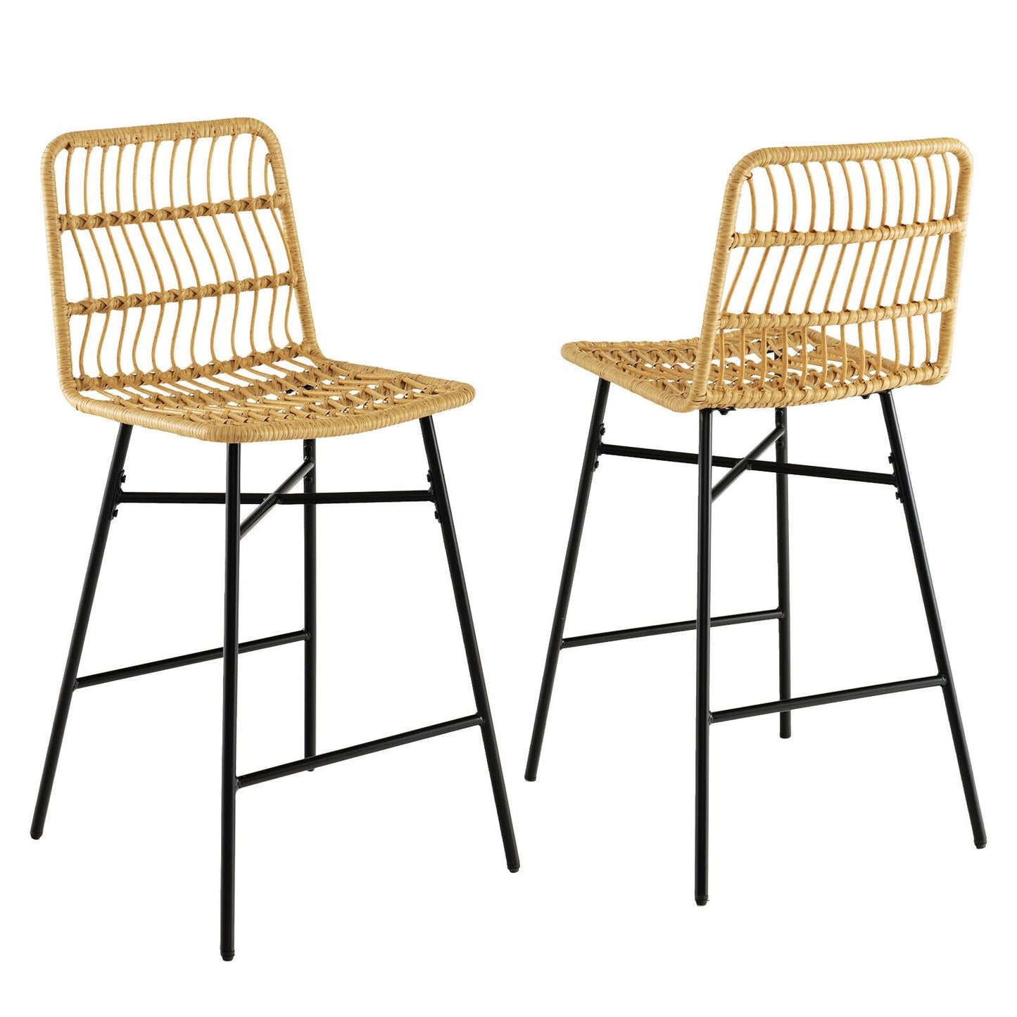 Set of 2,  Rattan Bar Stools with Sturdy Metal Frame- Natural Rattan