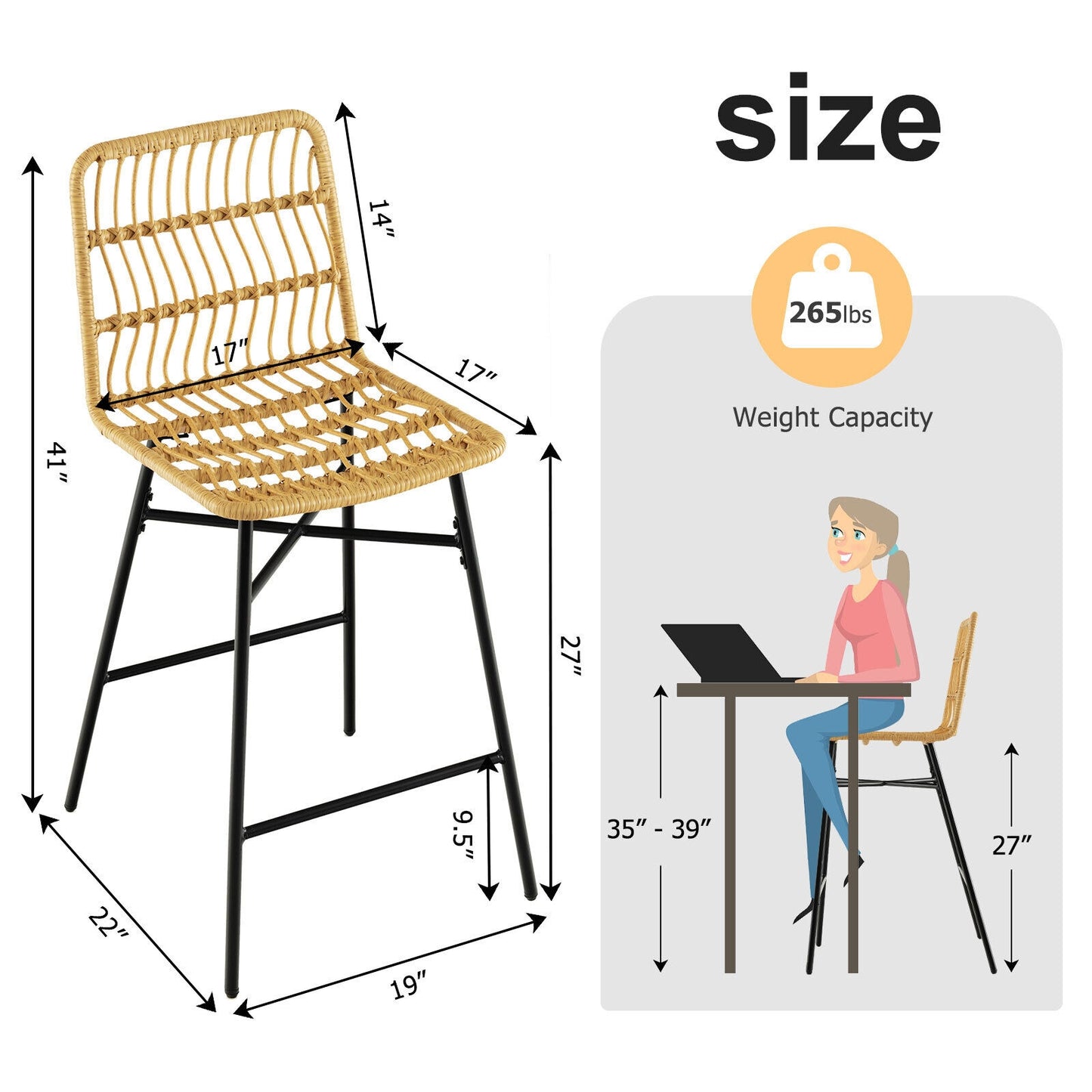 Set of 2,  Rattan Bar Stools with Sturdy Metal Frame- Natural Rattan
