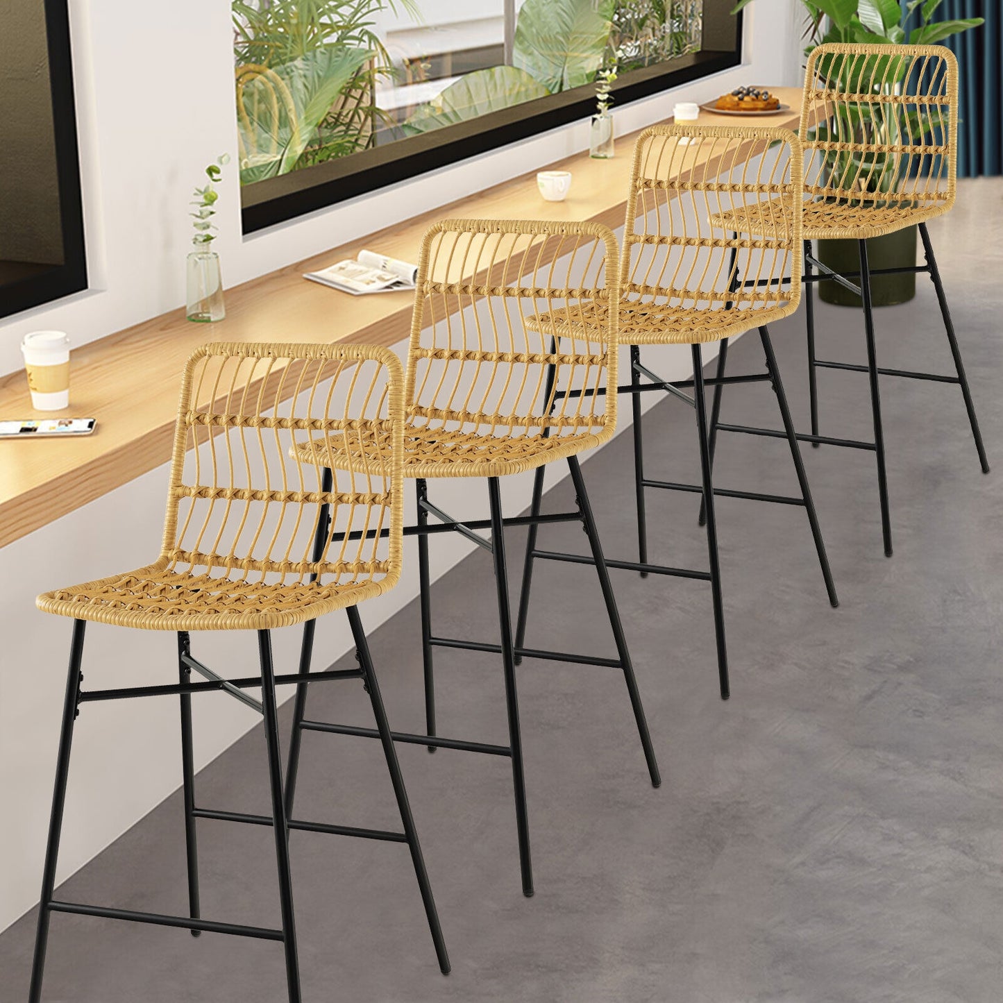 Set of 2,  Rattan Bar Stools with Sturdy Metal Frame- Natural Rattan