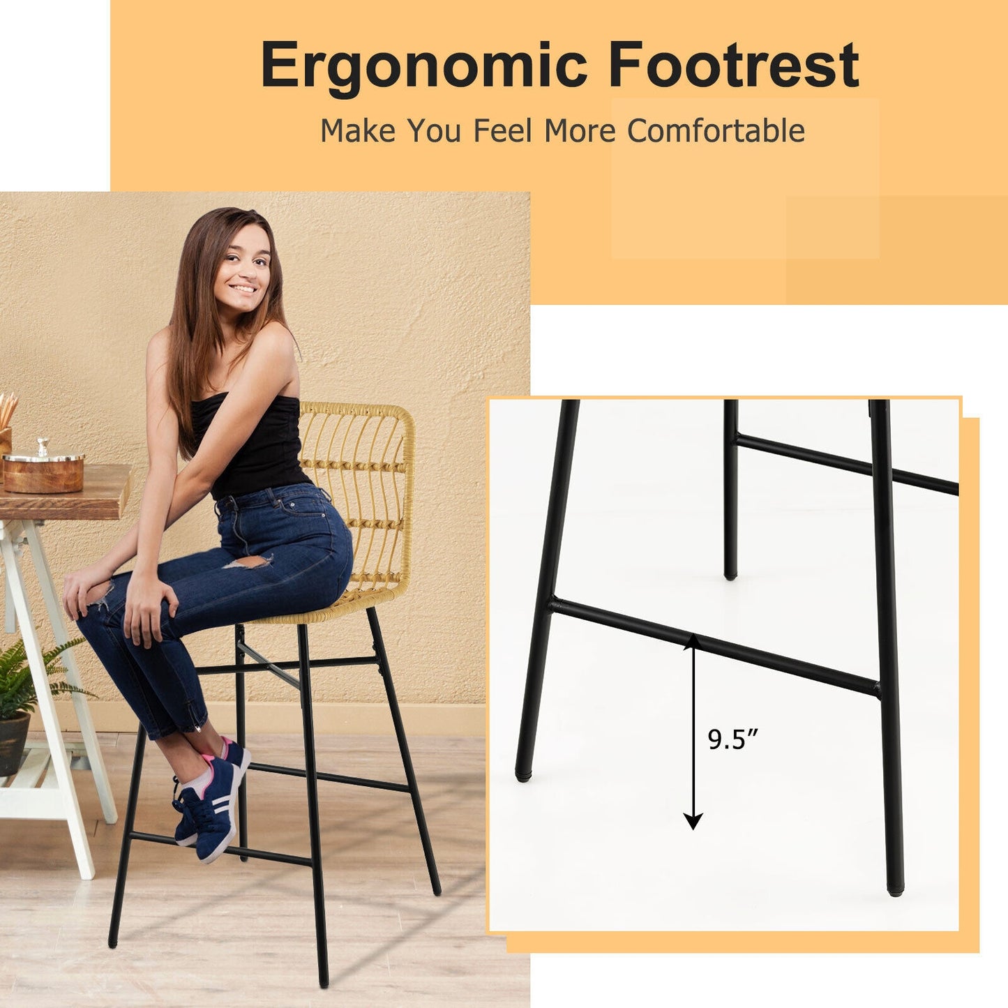 Set of 2,  Rattan Bar Stools with Sturdy Metal Frame- Natural Rattan
