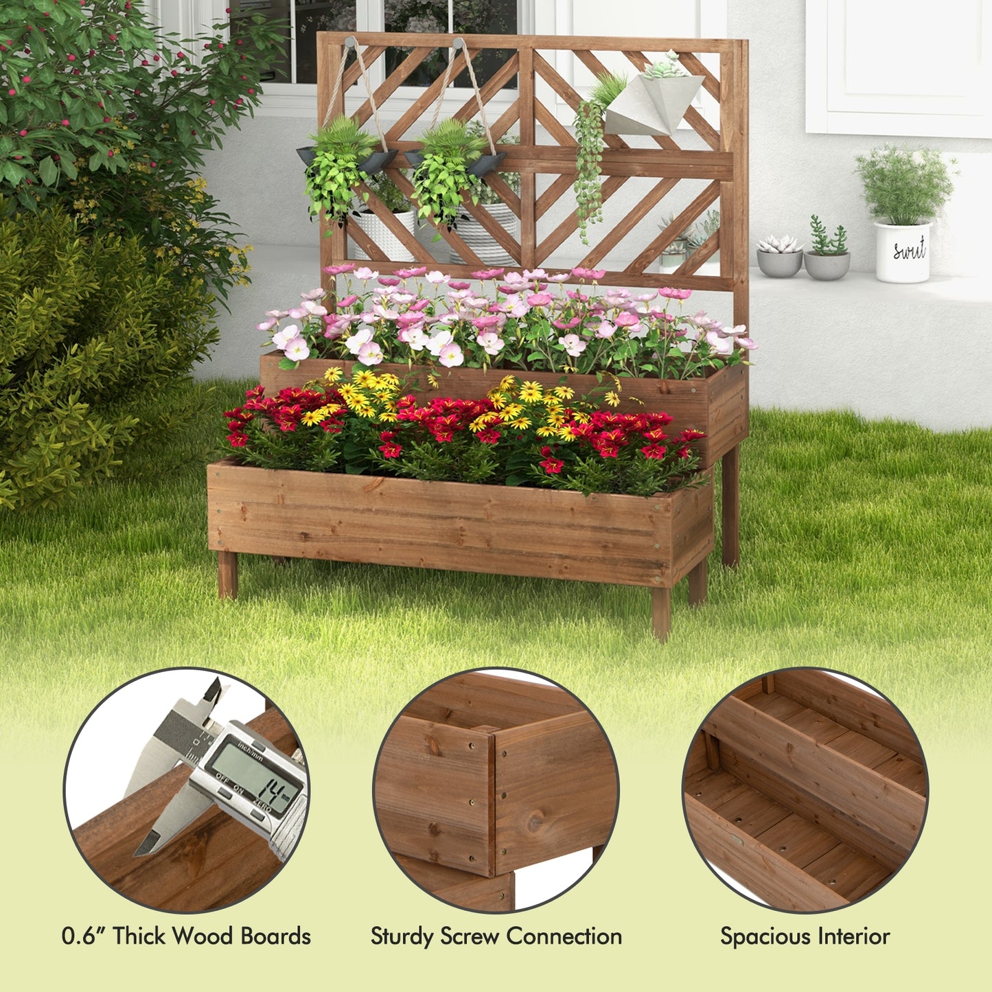 2-Tier Cedar Raised Garden Bed with Trellis-Brown, 1 box, unassembled
