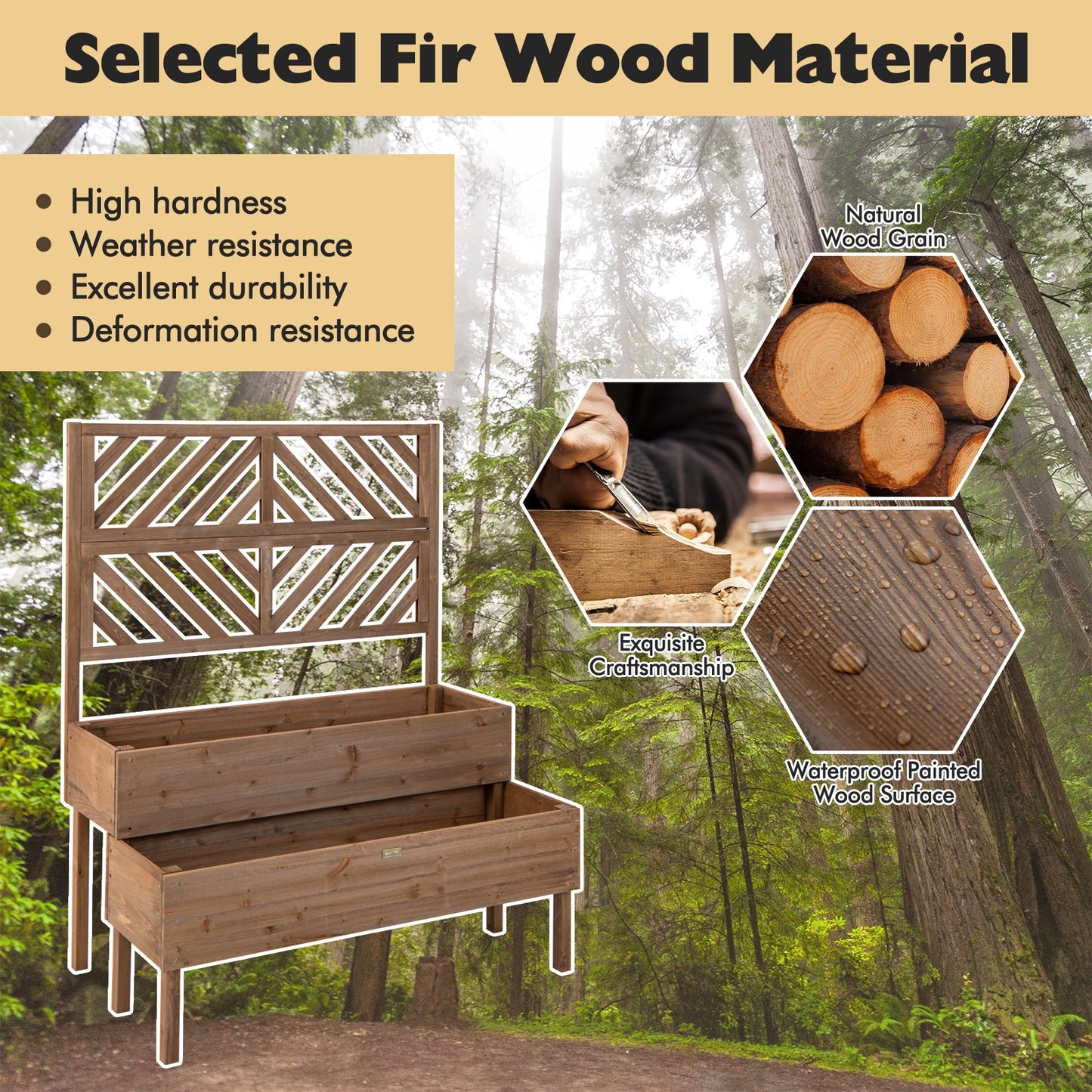 2-Tier Cedar Raised Garden Bed with Trellis-Brown, 1 box, unassembled