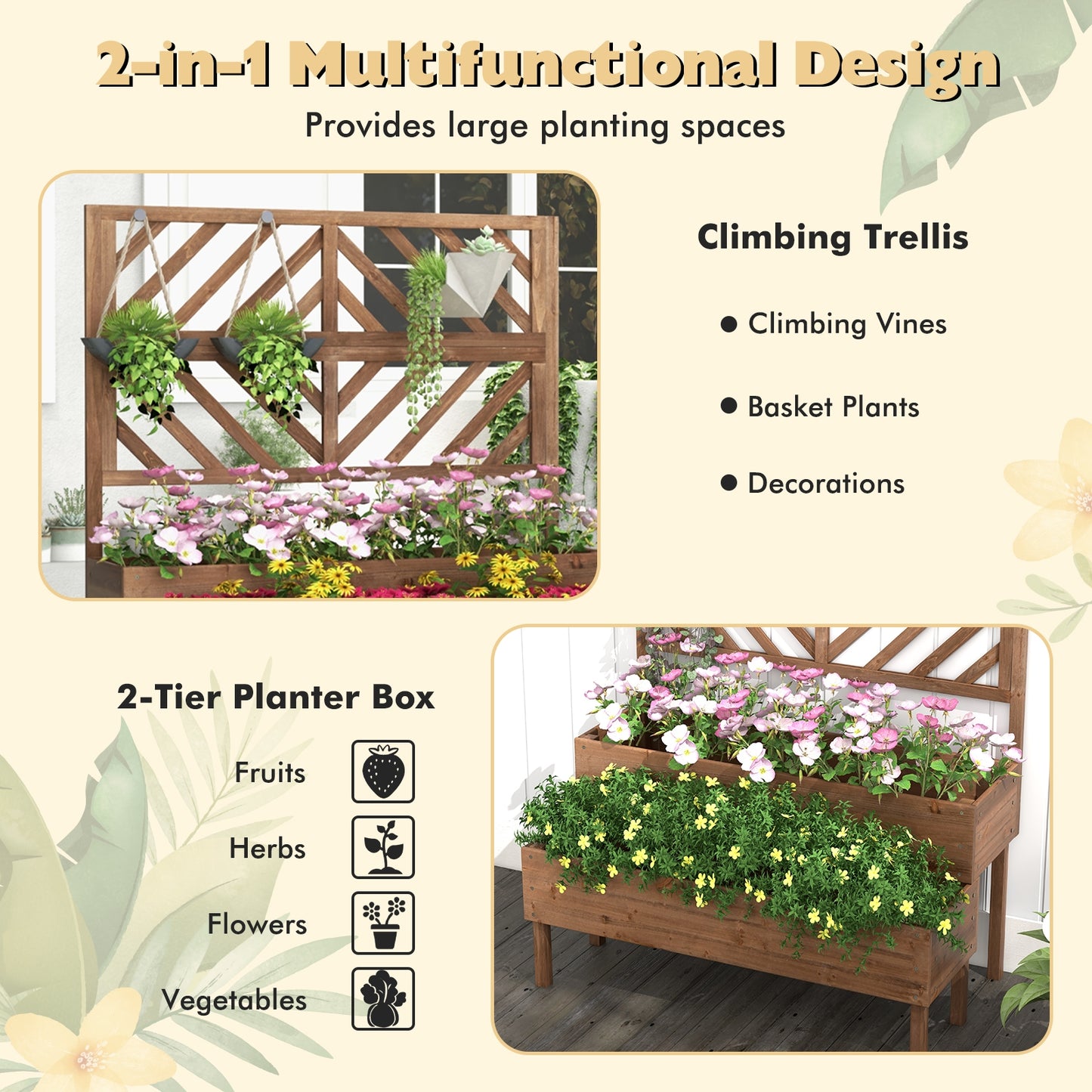2-Tier Cedar Raised Garden Bed with Trellis-Brown, 1 box, unassembled