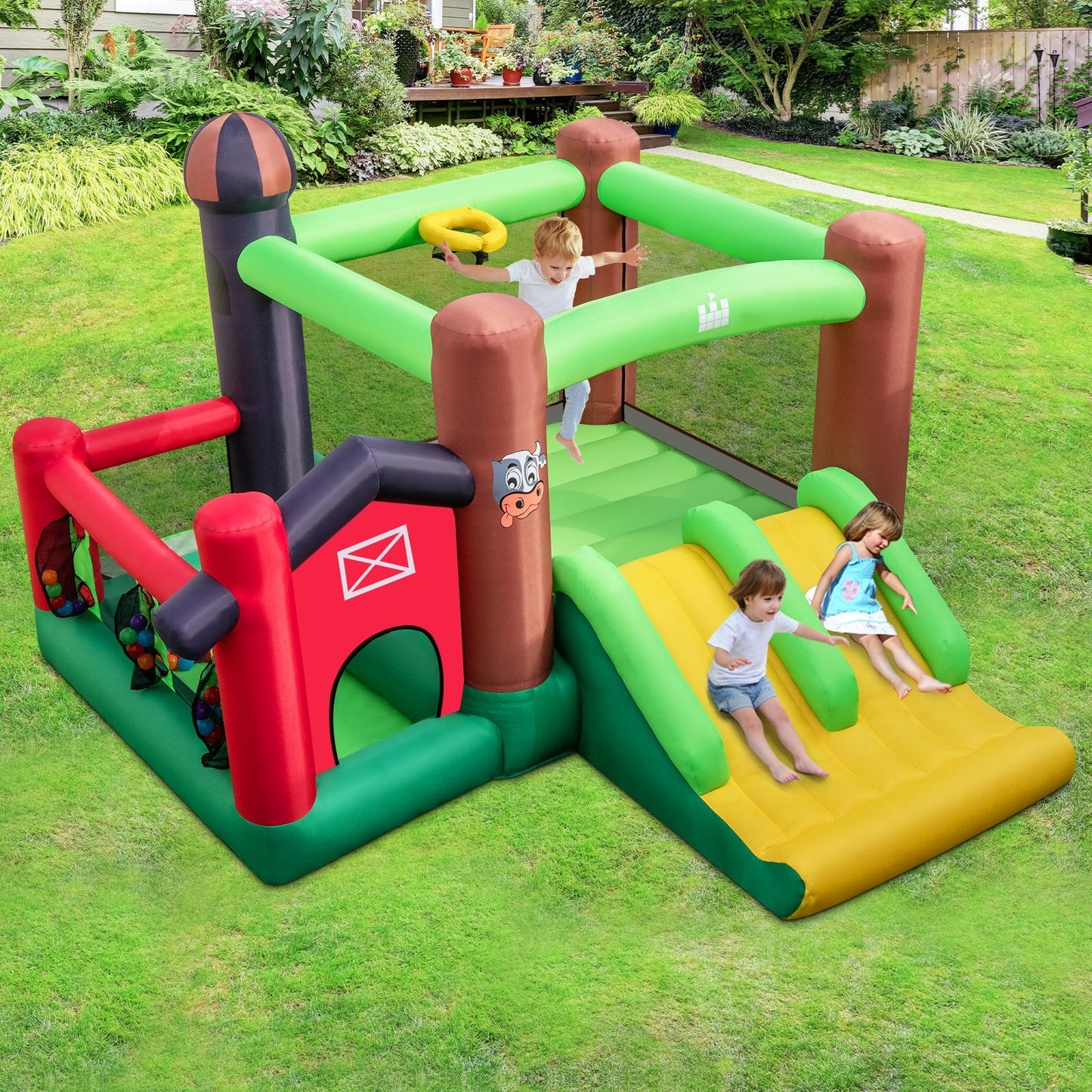 6-in-1 Inflatable Bounce House with Double Slides, Blower not included