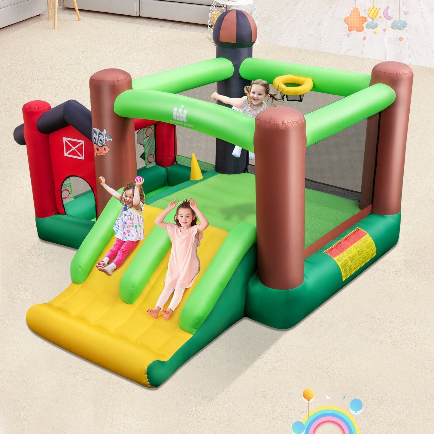 6-in-1 Inflatable Bounce House with Double Slides, Blower not included
