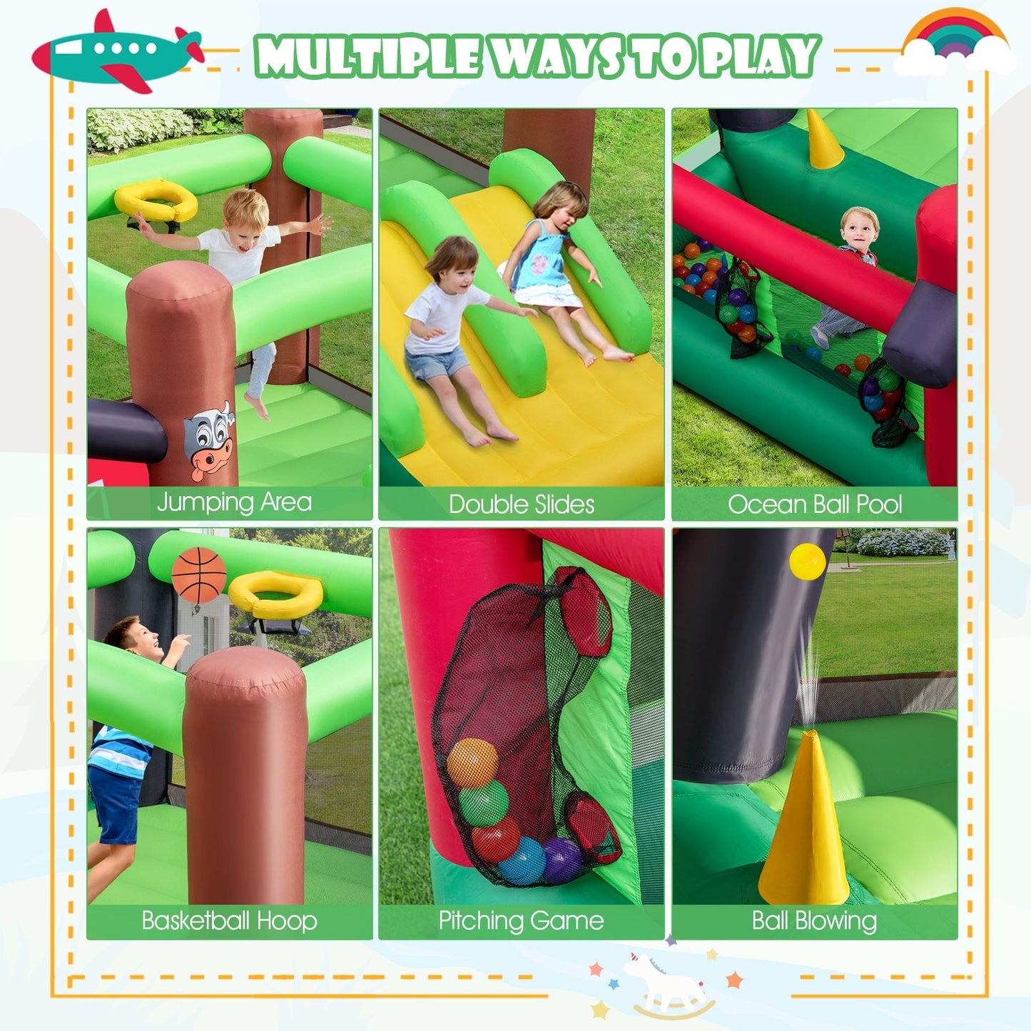 6-in-1 Inflatable Bounce House with Double Slides, Blower not included