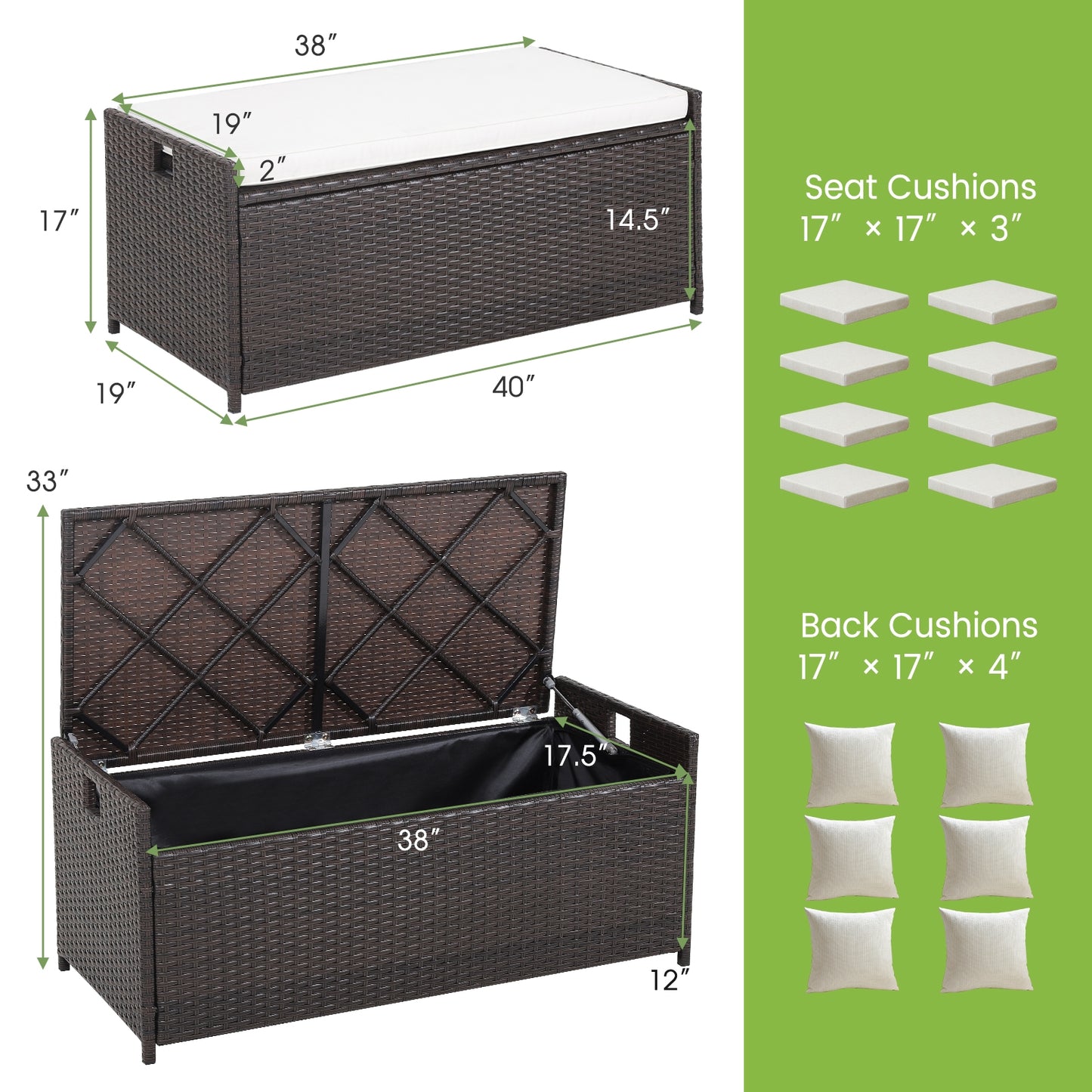 34 Gallon Patio Storage Bench with Seat Cushion and Zippered Liner (Fully Assembled)