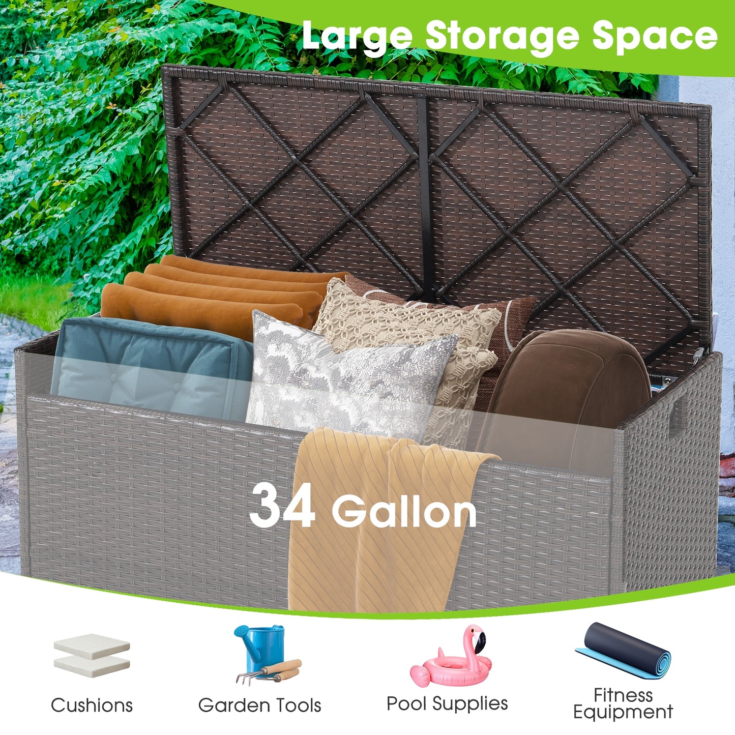34 Gallon Patio Storage Bench with Seat Cushion and Zippered Liner (Fully Assembled)