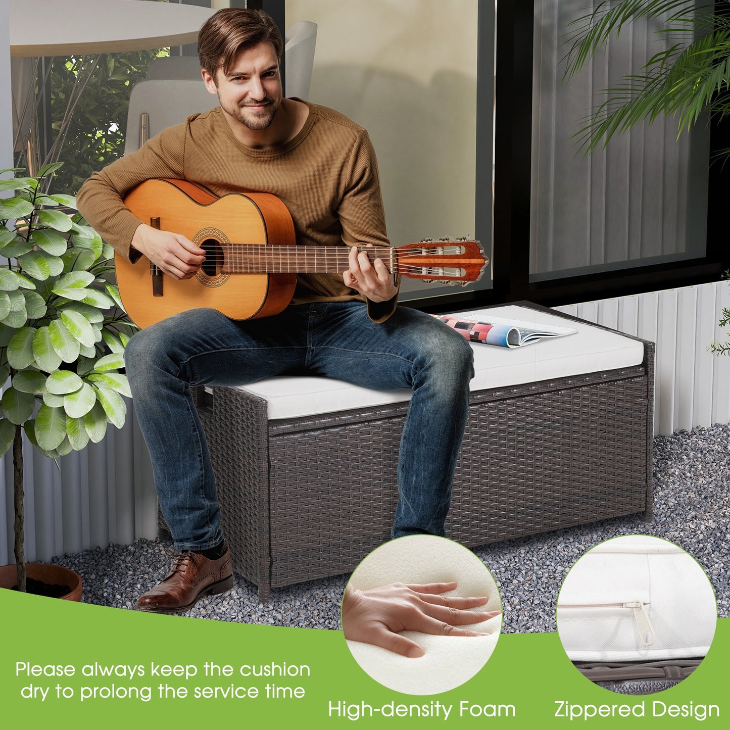 34 Gallon Patio Storage Bench with Seat Cushion and Zippered Liner (Fully Assembled)