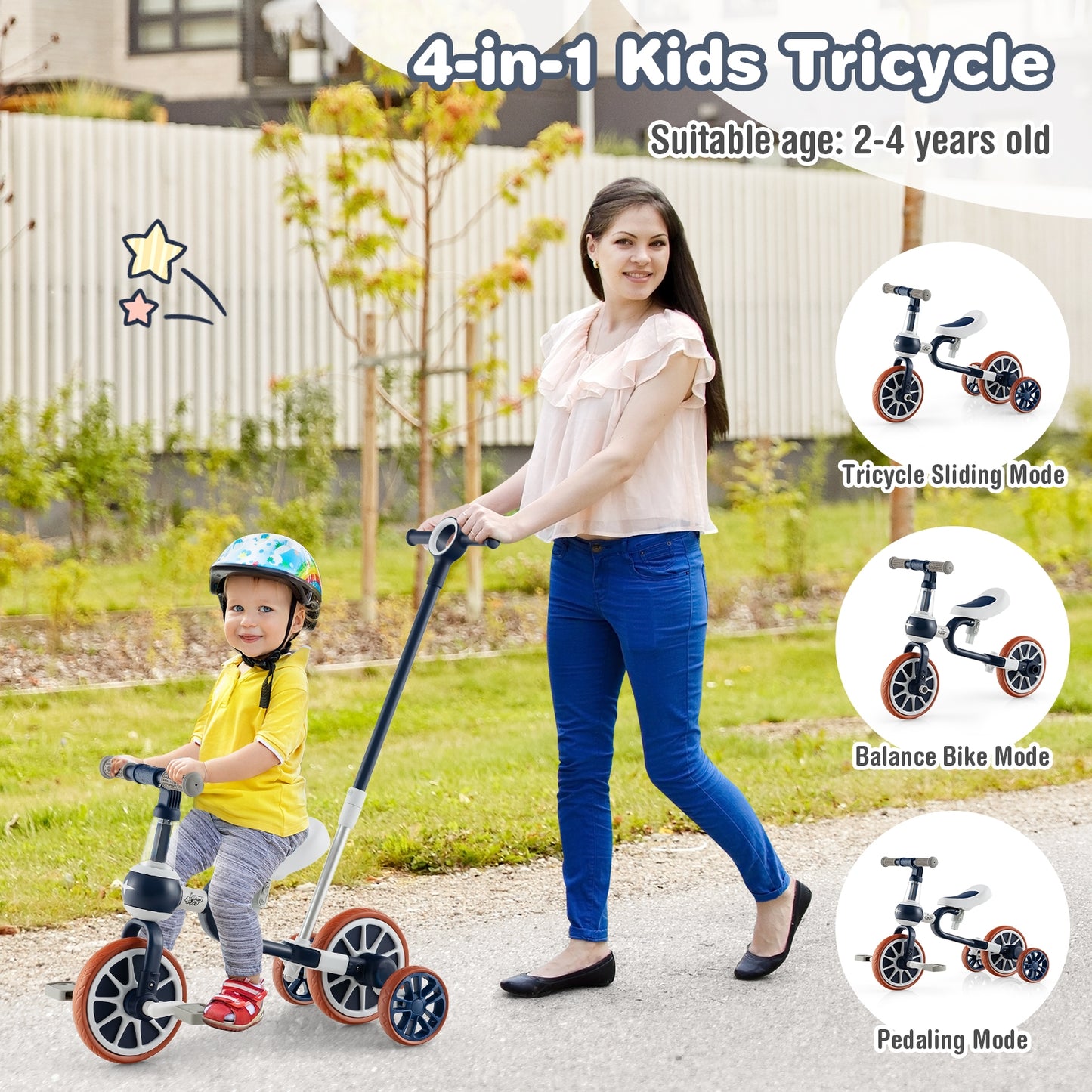 4-in-1 Kids Trike Bike with Adjustable Parent Push Handle and Seat Height-Navy, customer return special