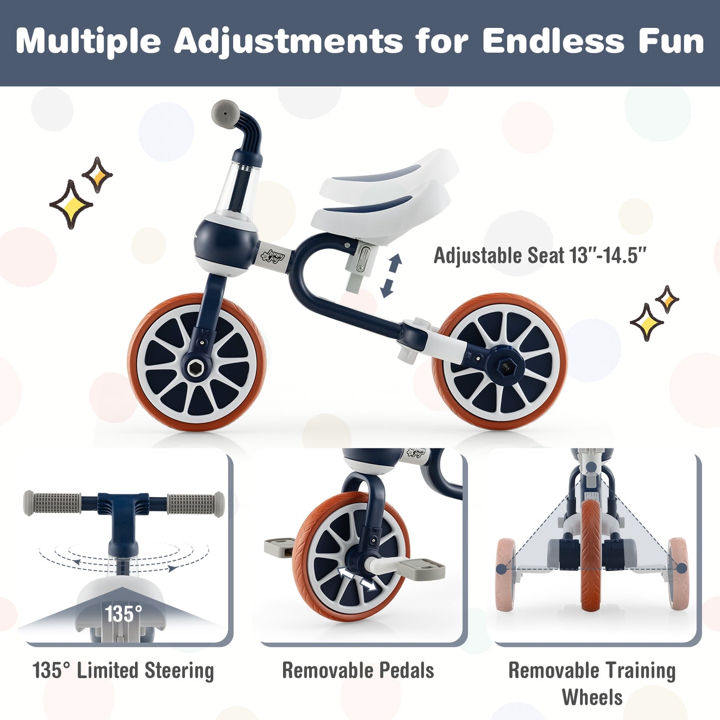 4-in-1 Kids Trike Bike with Adjustable Parent Push Handle and Seat Height-Navy, customer return special