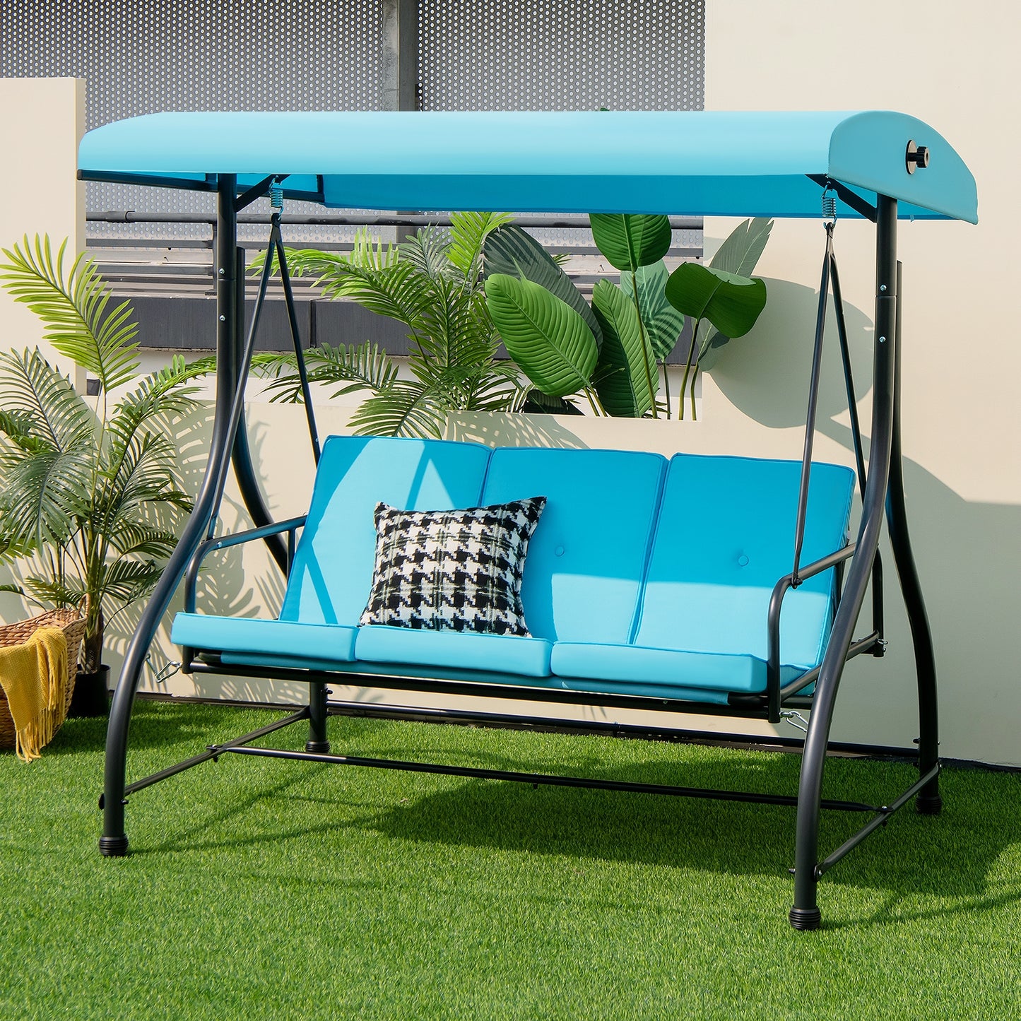 3 Seat Outdoor Porch Swing with Adjustable Canopy-Blue (1 Box, Unassembled)