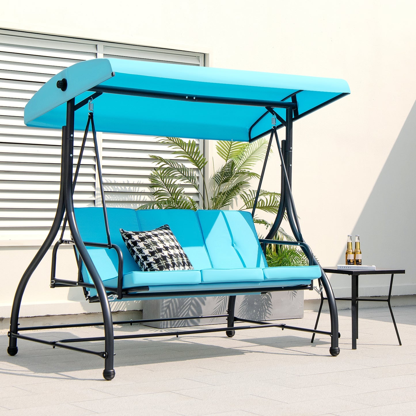 3 Seat Outdoor Porch Swing with Adjustable Canopy-Blue (1 Box, Unassembled)