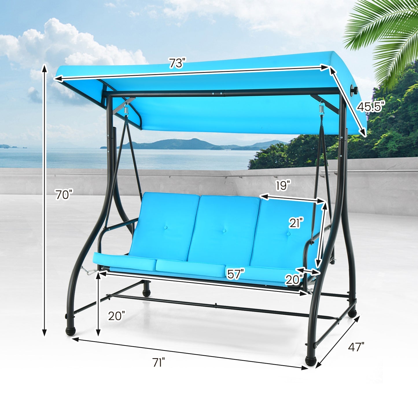 3 Seat Outdoor Porch Swing with Adjustable Canopy-Blue (1 Box, Unassembled)