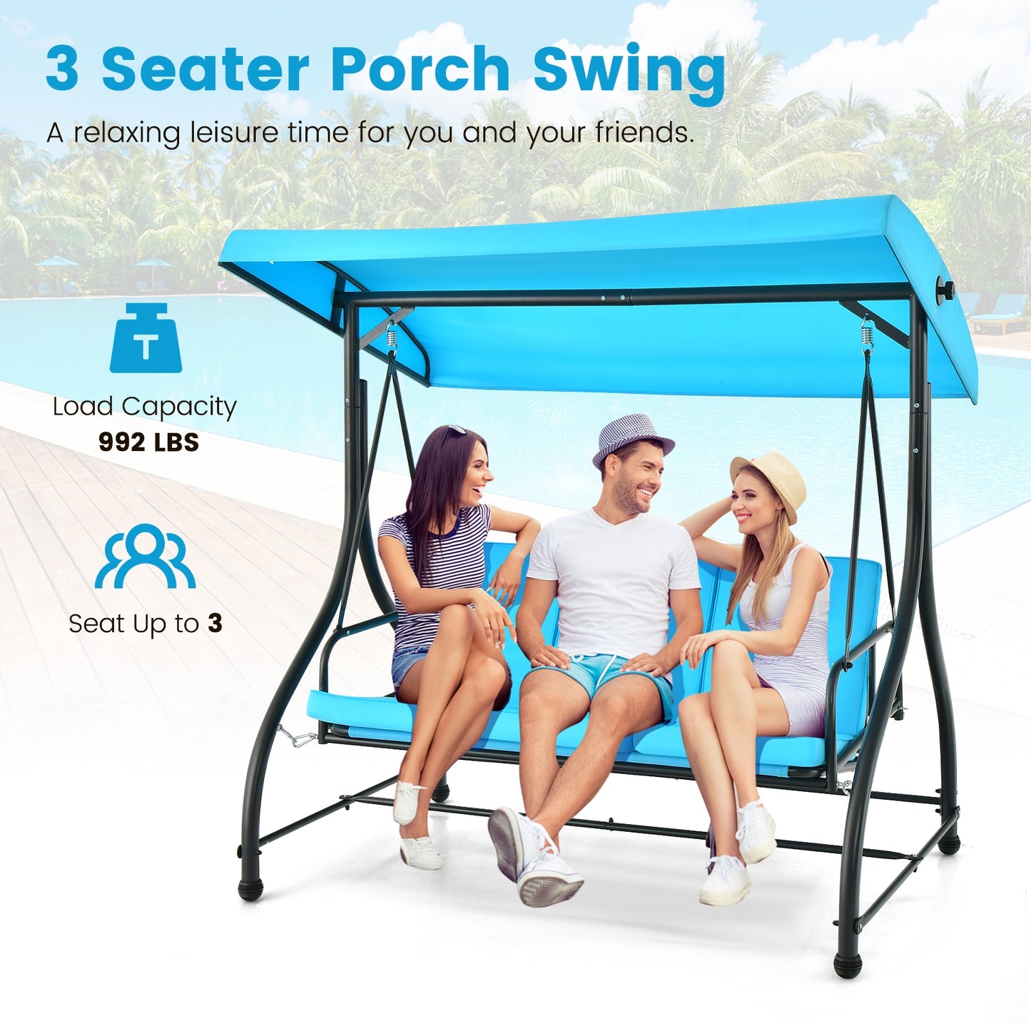 3 Seat Outdoor Porch Swing with Adjustable Canopy-Blue (1 Box, Unassembled)