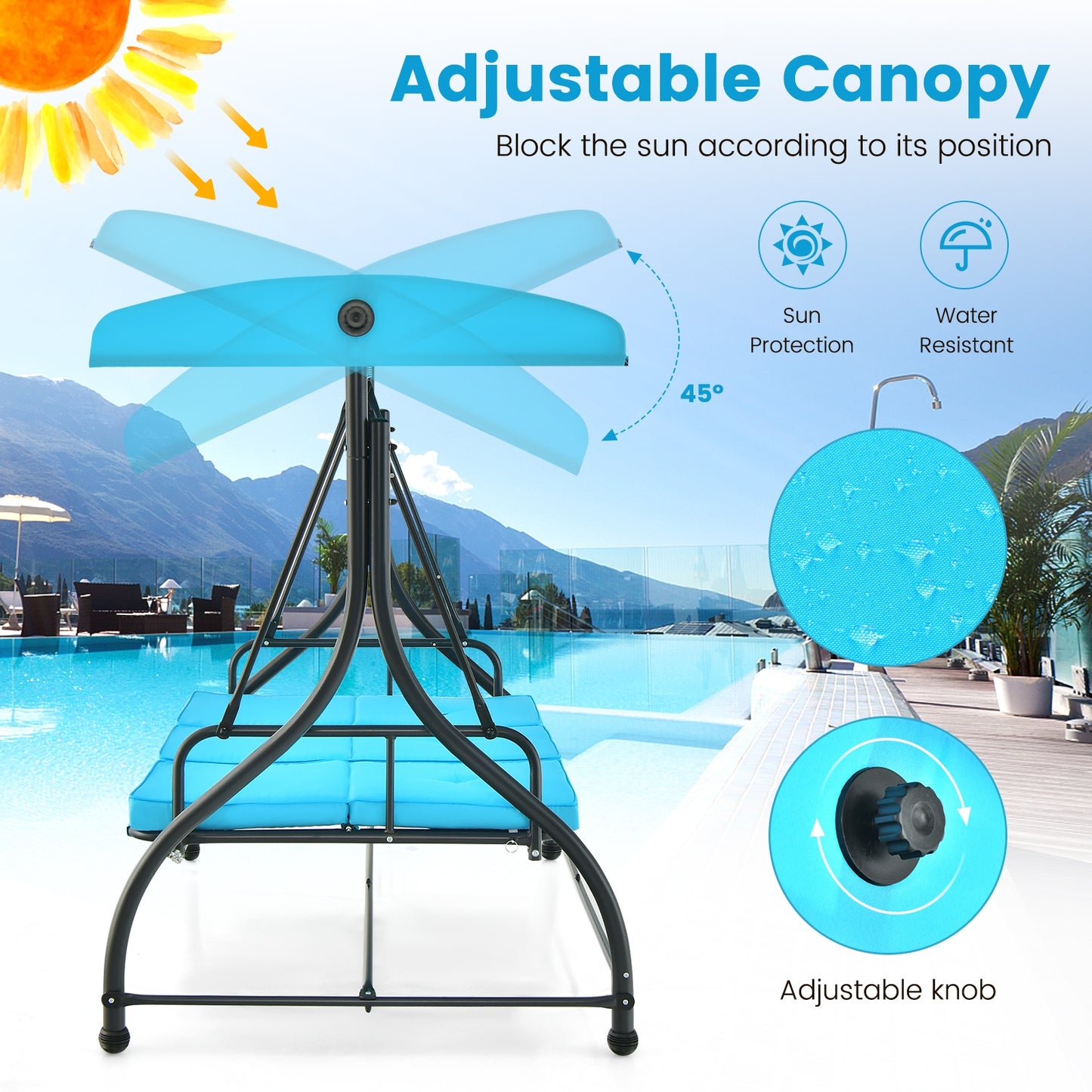 3 Seat Outdoor Porch Swing with Adjustable Canopy-Blue (1 Box, Unassembled)