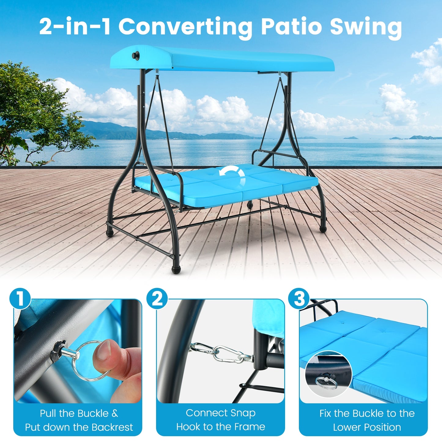 3 Seat Outdoor Porch Swing with Adjustable Canopy-Blue (1 Box, Unassembled)