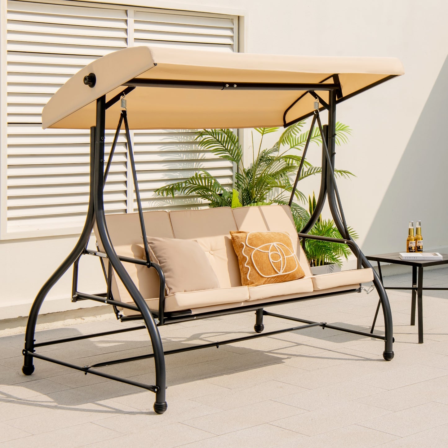 3 Seat Outdoor Porch Swing with Adjustable Canopy-Beige (1 Box, Unassembled)