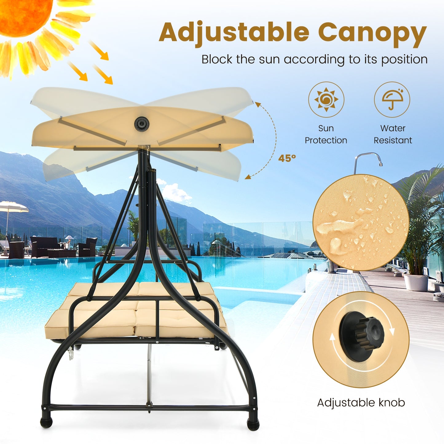 3 Seat Outdoor Porch Swing with Adjustable Canopy-Beige (1 Box, Unassembled)