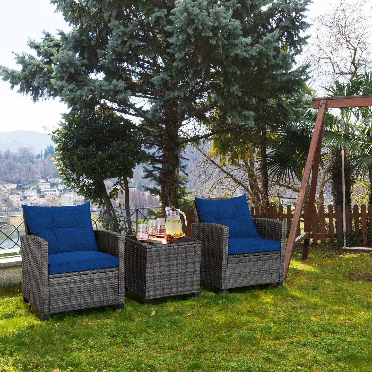 3 Pieces Outdoor Wicker Conversation Set with Tempered Glass Tabletop-Navy (1 Box, unassembled)