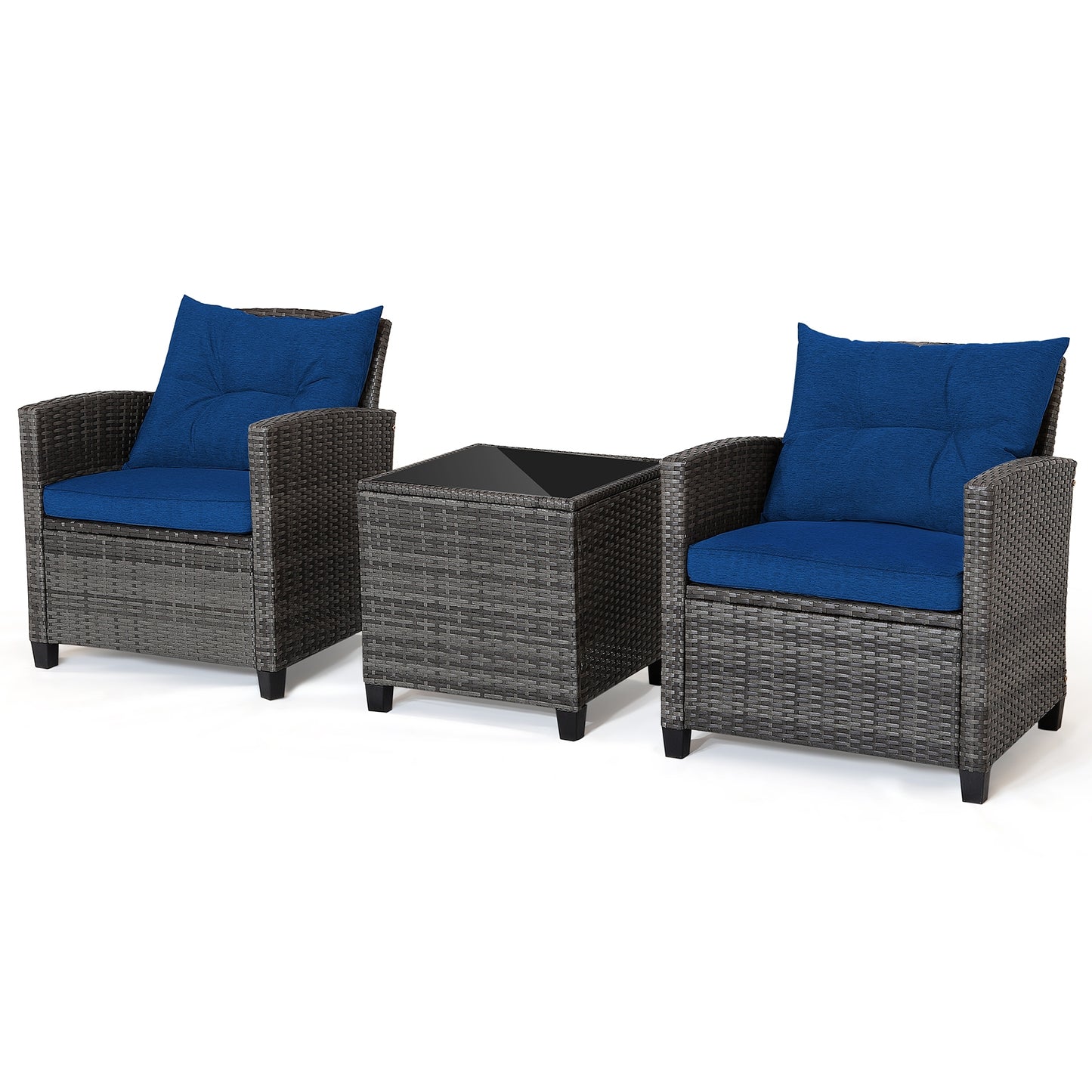 3 Pieces Outdoor Wicker Conversation Set with Tempered Glass Tabletop-Navy (1 Box, unassembled)