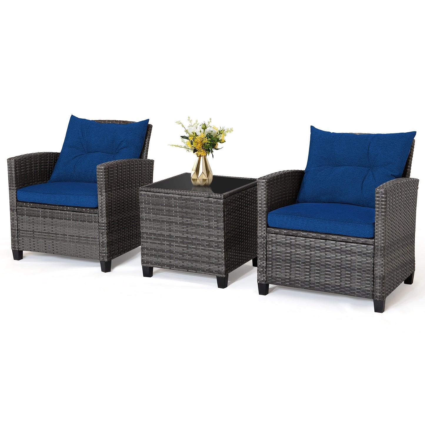 3 Pieces Outdoor Wicker Conversation Set with Tempered Glass Tabletop-Navy (1 Box, unassembled)