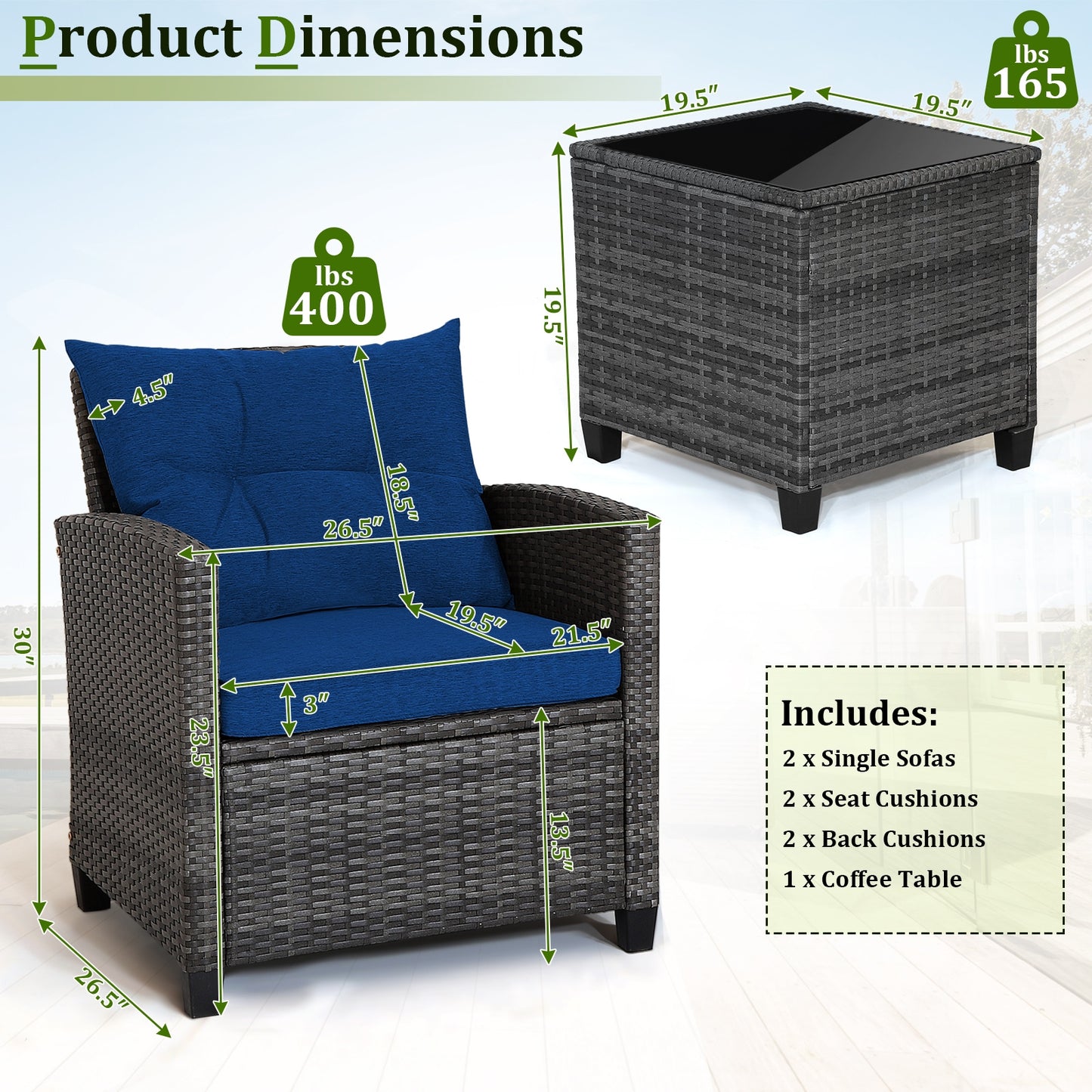 3 Pieces Outdoor Wicker Conversation Set with Tempered Glass Tabletop-Navy (1 Box, unassembled)
