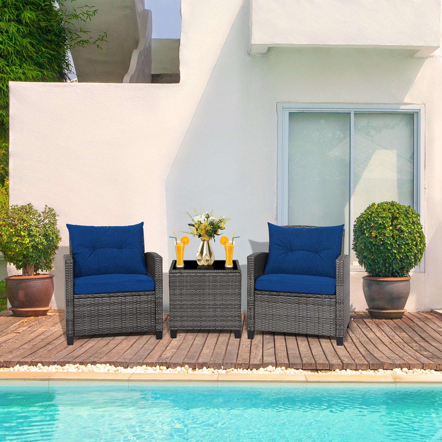 3 Pieces Outdoor Wicker Conversation Set with Tempered Glass Tabletop-Navy (1 Box, unassembled)