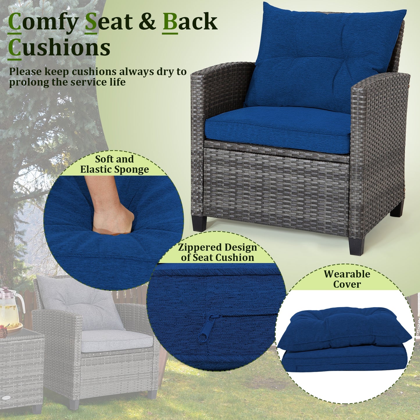 3 Pieces Outdoor Wicker Conversation Set with Tempered Glass Tabletop-Navy (1 Box, unassembled)
