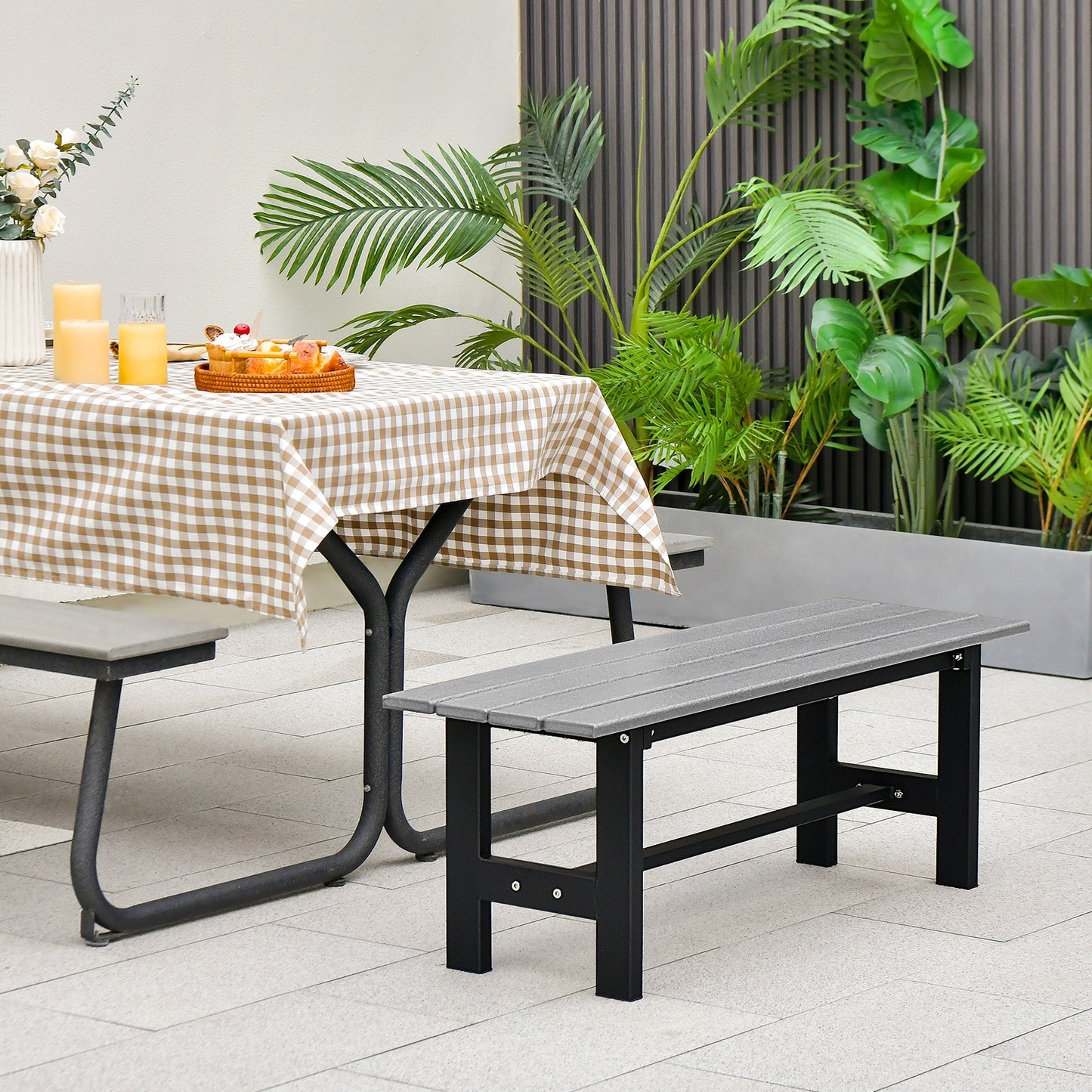47" Outdoor Chair with Slatted Seat Plastic Coated Iron Frame-Gray