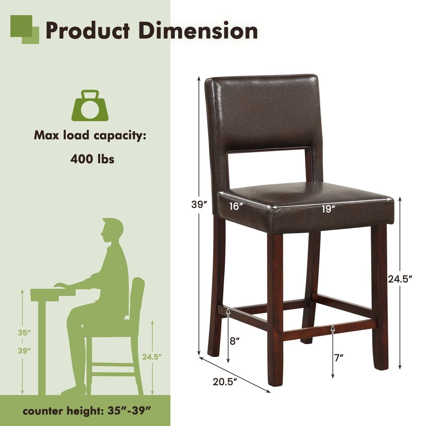2 Piece Counter Height Set with Hollowed Back and Rubber Wood Legs-Brown