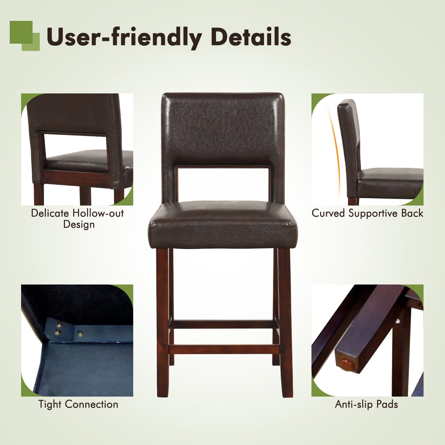 2 Piece Counter Height Set with Hollowed Back and Rubber Wood Legs-Brown