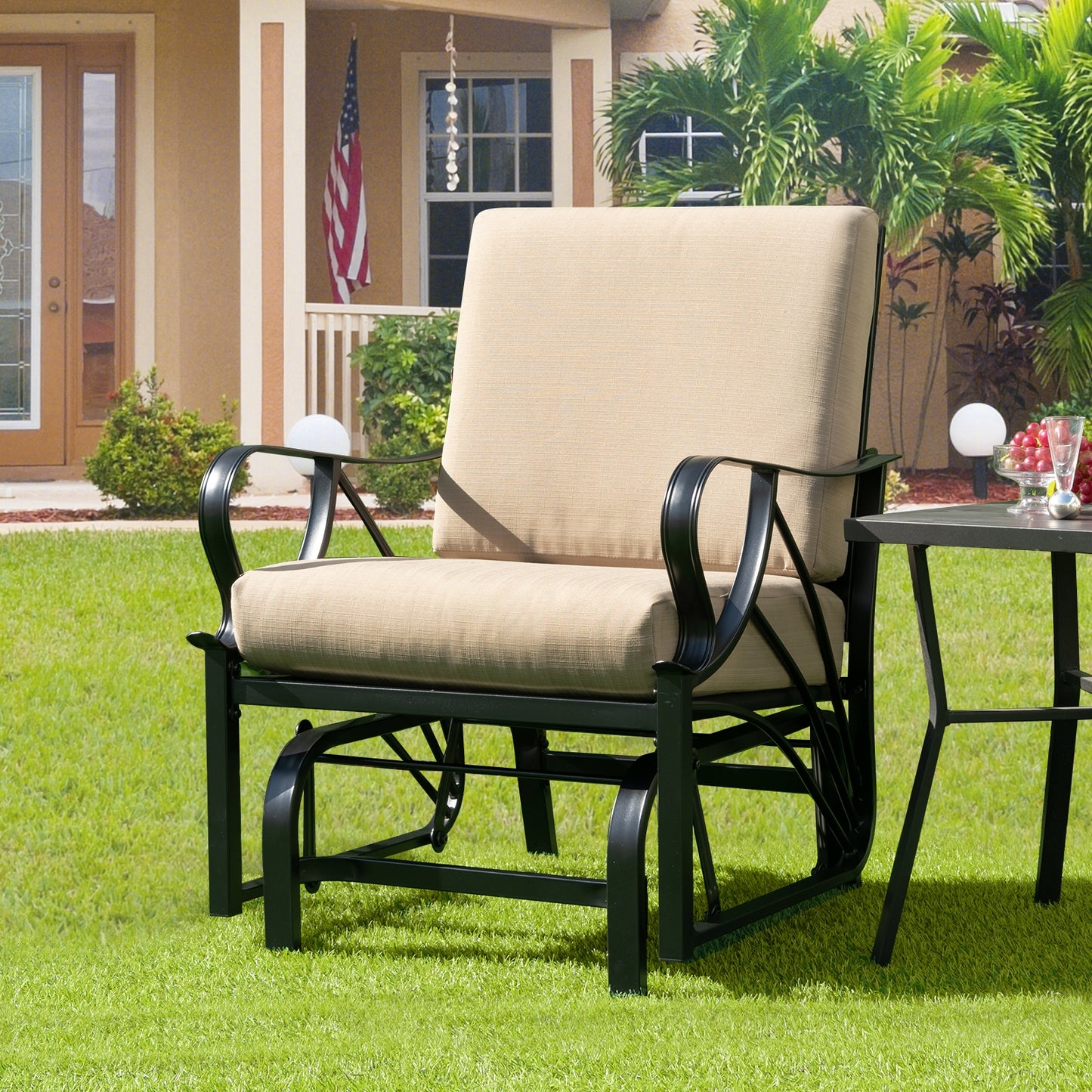 Patio Glider Rocking Chair with Thick Cushion and Curved Armrest-Tan (Assembled)