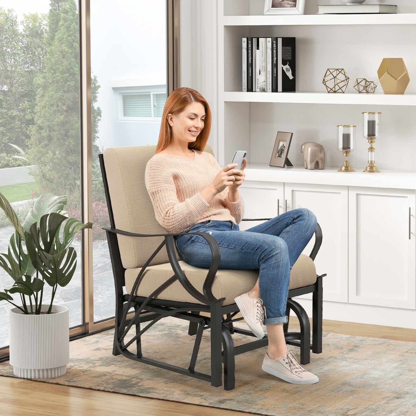 Patio Glider Rocking Chair with Thick Cushion and Curved Armrest-Tan (Assembled)
