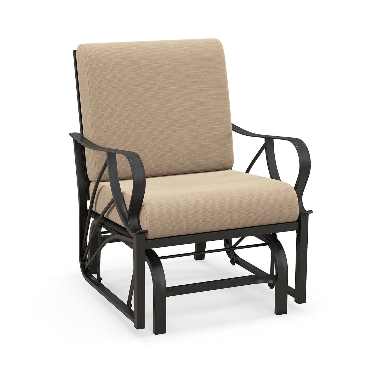 Patio Glider Rocking Chair with Thick Cushion and Curved Armrest-Tan (Assembled)