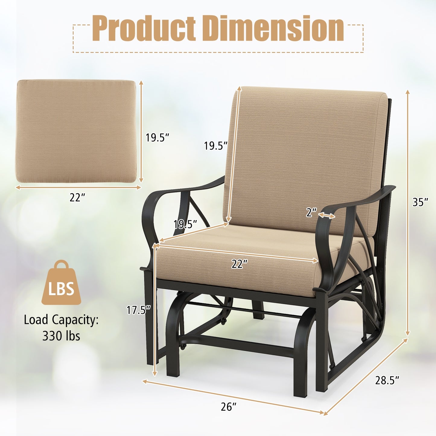 Patio Glider Rocking Chair with Thick Cushion and Curved Armrest-Tan (Assembled)