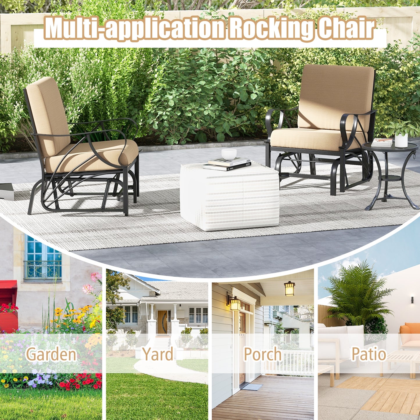 Patio Glider Rocking Chair with Thick Cushion and Curved Armrest-Tan (Assembled)