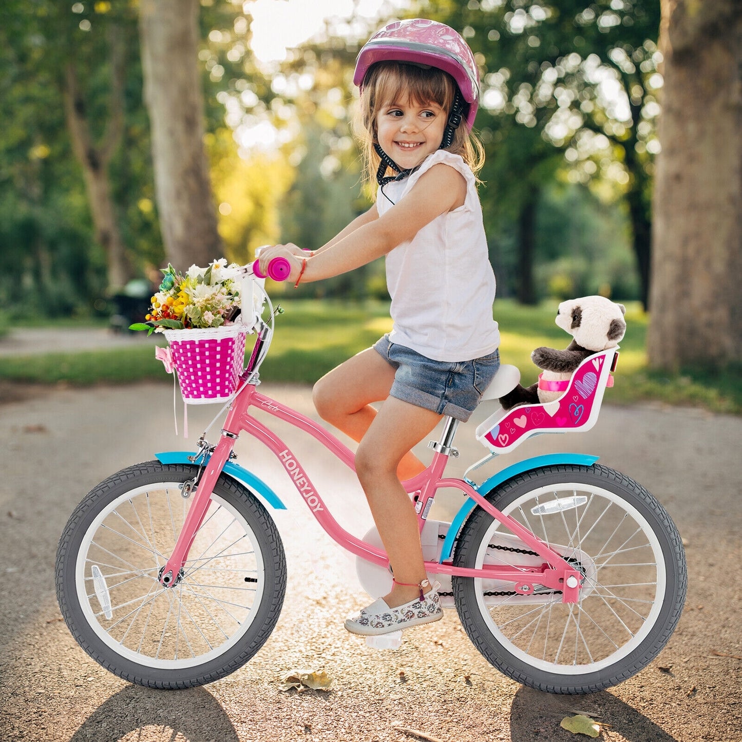 18``Kids Bicycle with Training Wheels and Basket - Pink