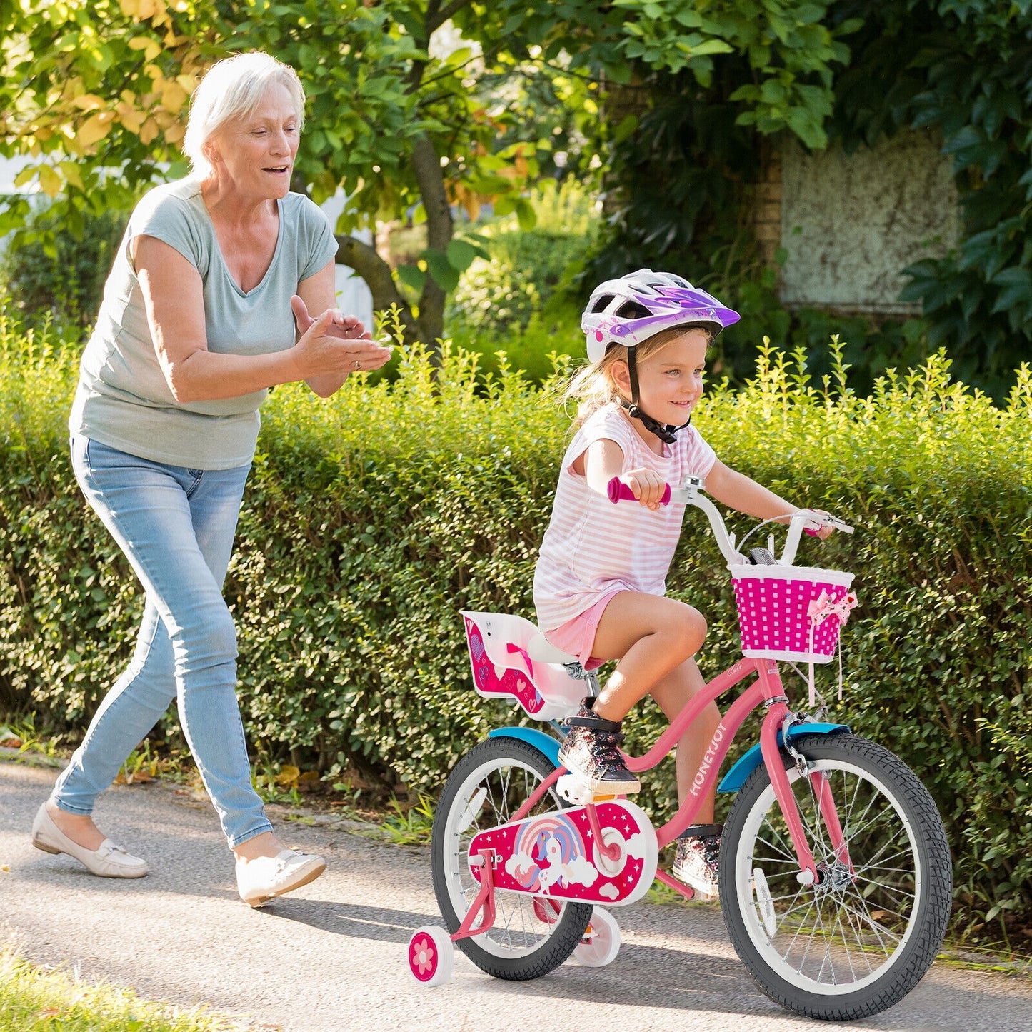 18``Kids Bicycle with Training Wheels and Basket - Pink