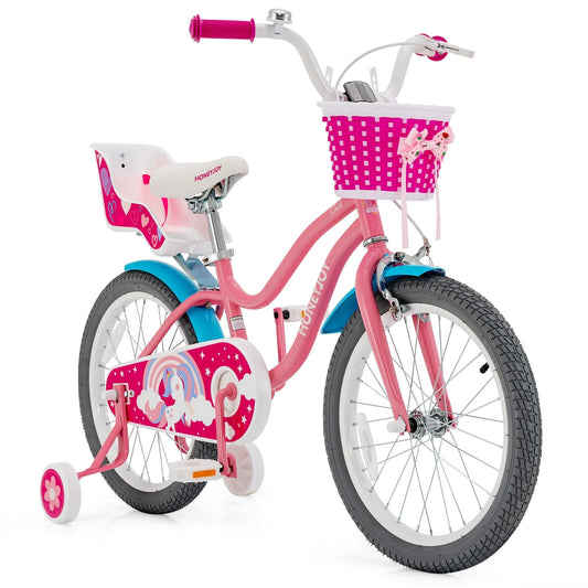 18``Kids Bicycle with Training Wheels and Basket - Pink