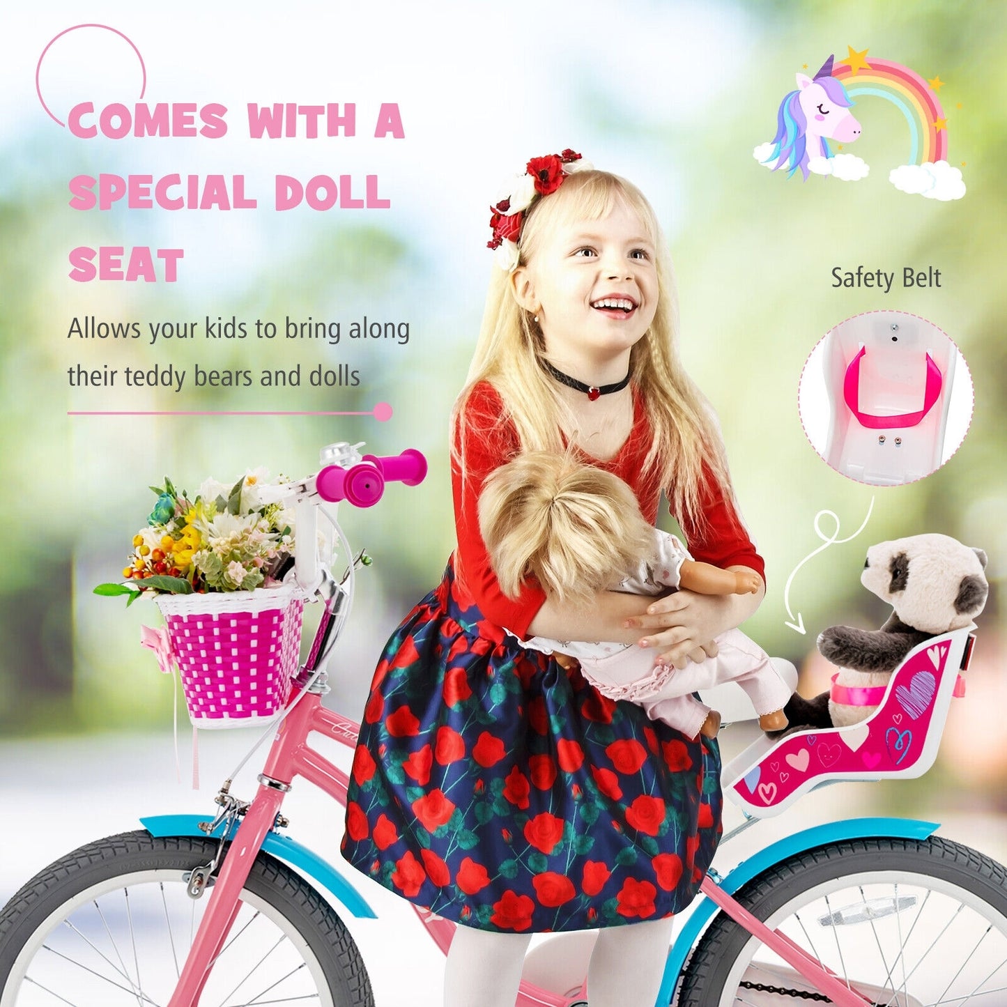 18``Kids Bicycle with Training Wheels and Basket - Pink