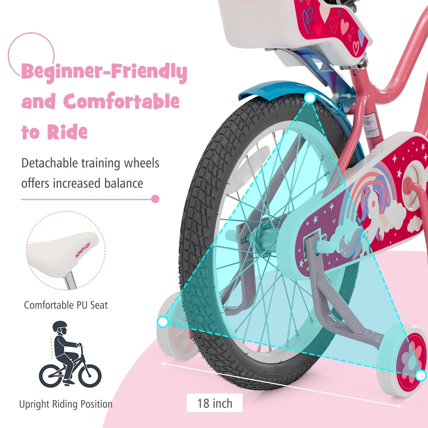 18``Kids Bicycle with Training Wheels and Basket - Pink