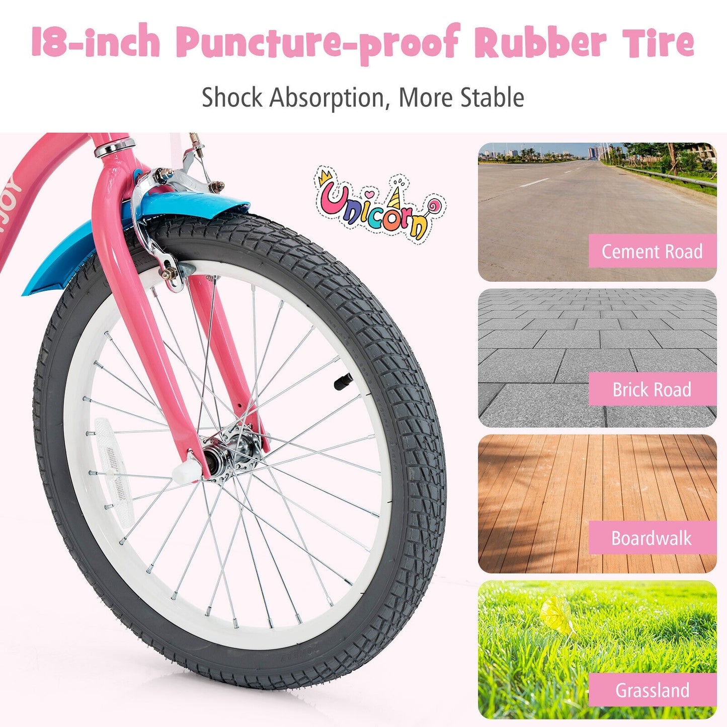 18``Kids Bicycle with Training Wheels and Basket - Pink