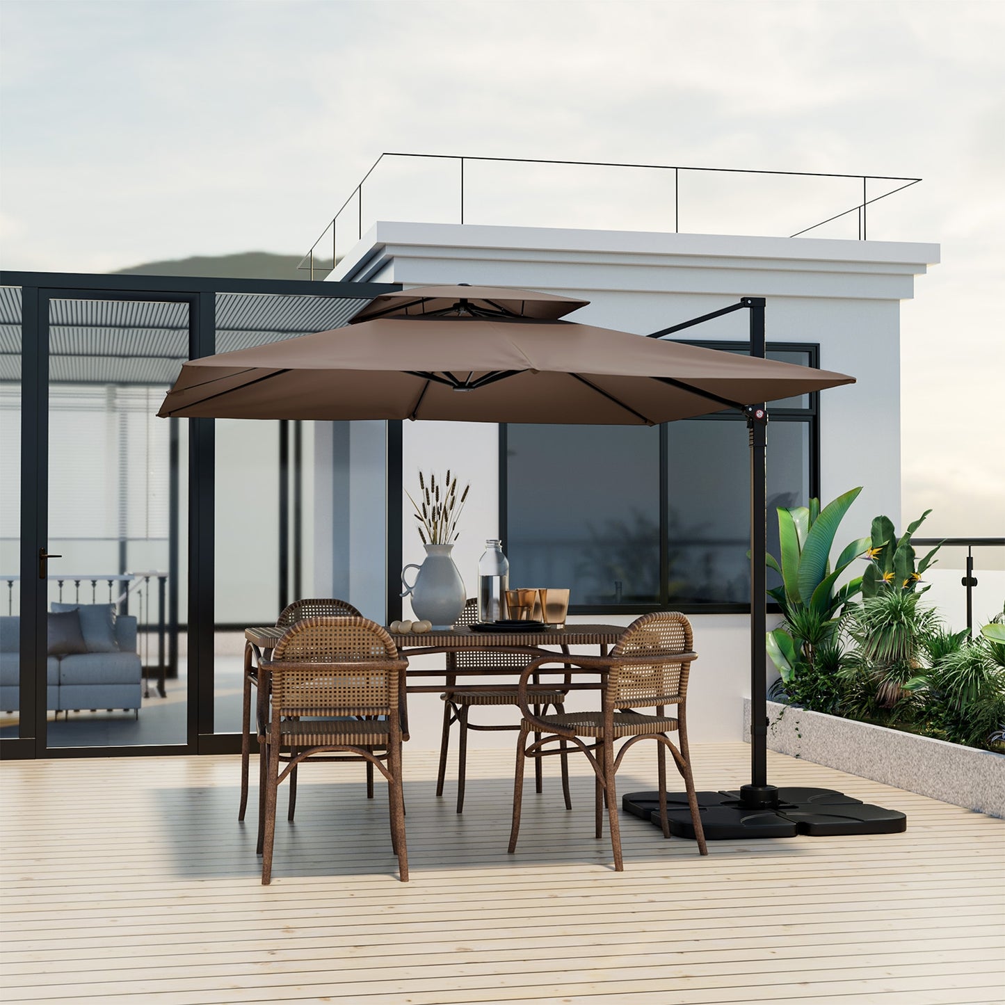 9.5 Feet Cantilever Patio Umbrella with 360° Rotation and Double Top-Coffee (Assembled)