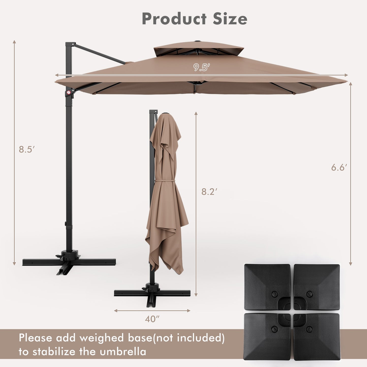 9.5 Feet Cantilever Patio Umbrella with 360° Rotation and Double Top-Coffee (Assembled)