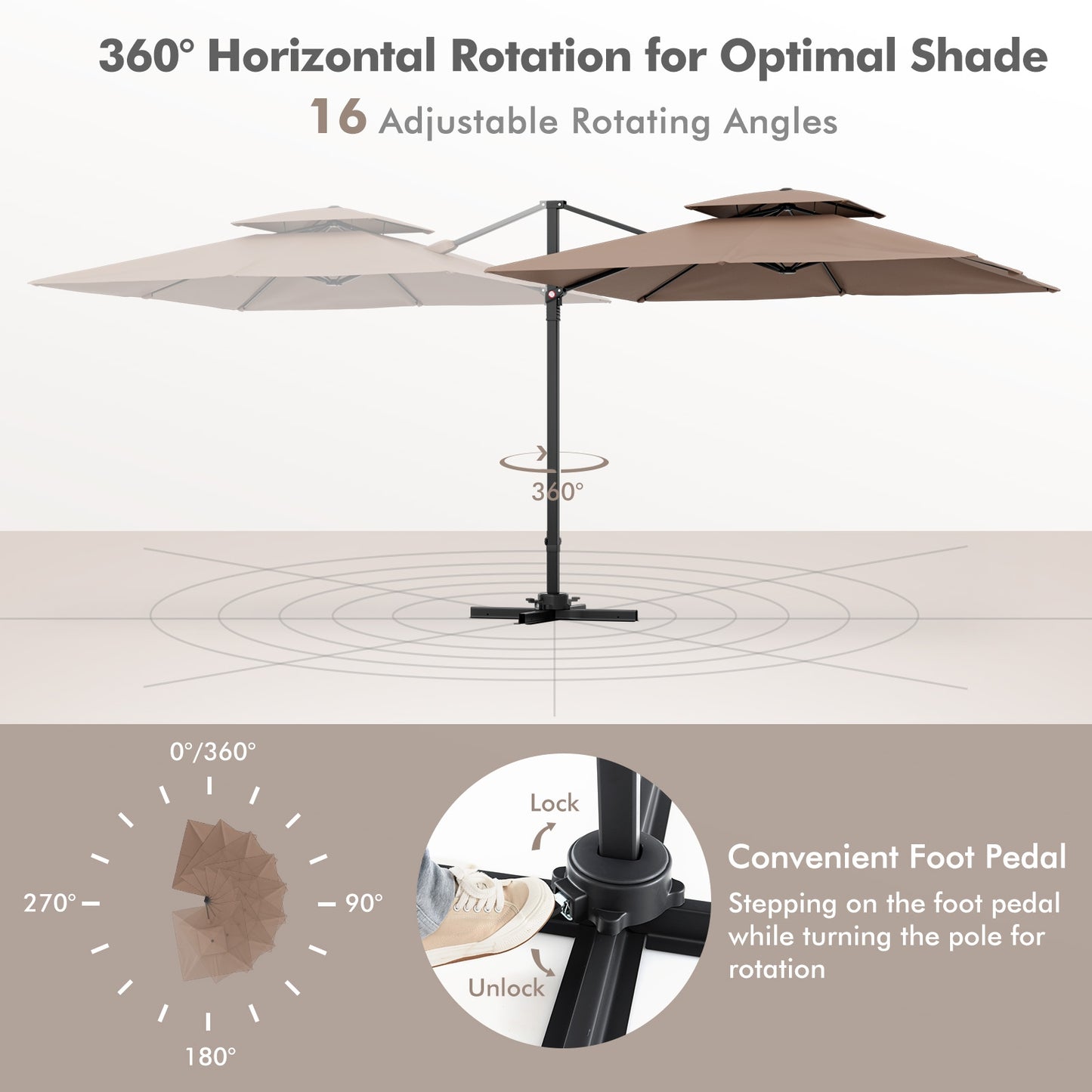 9.5 Feet Cantilever Patio Umbrella with 360° Rotation and Double Top-Coffee (Assembled)